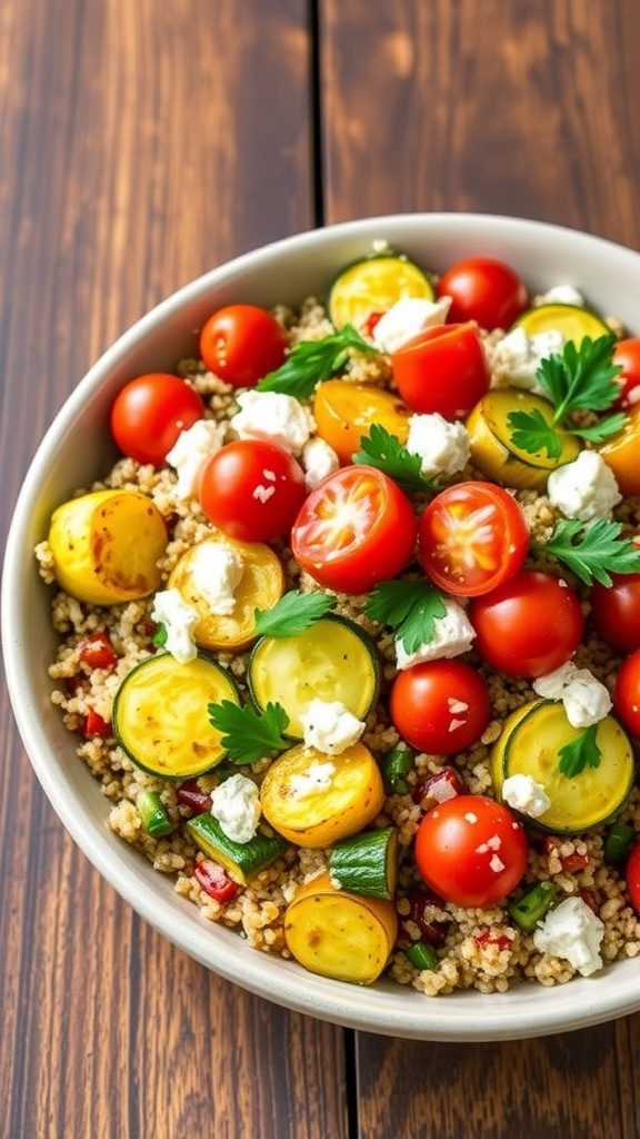 Roasted Zucchini Quinoa Salad Recipe A colorful roasted zucchini quinoa salad with zucchini, cherry tomatoes, bell peppers, and parsley in a bowl.